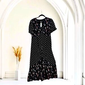 Soncy Maxi Dress Women's Size 10 Sheer Floral Polka Dots Short Sleeves Whimsical